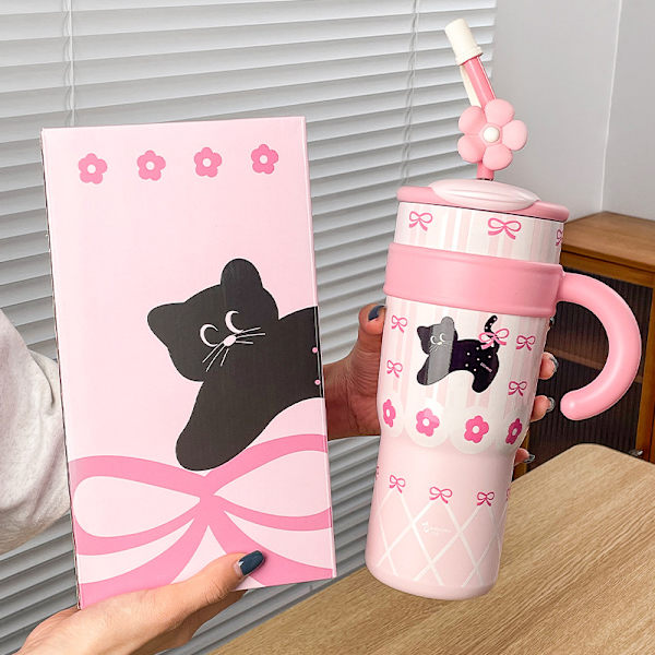 Termosmugg för kattungar, stor kapacitet, jättestor vattenmugg, kallt sugrör, söt dubbeldricksmugg, ismugg för flickor Pink Peach Cat 700ML