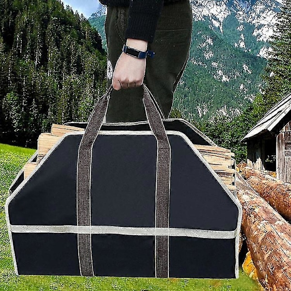 Canvas vedsekk med håndtak for utendørs camping, svart