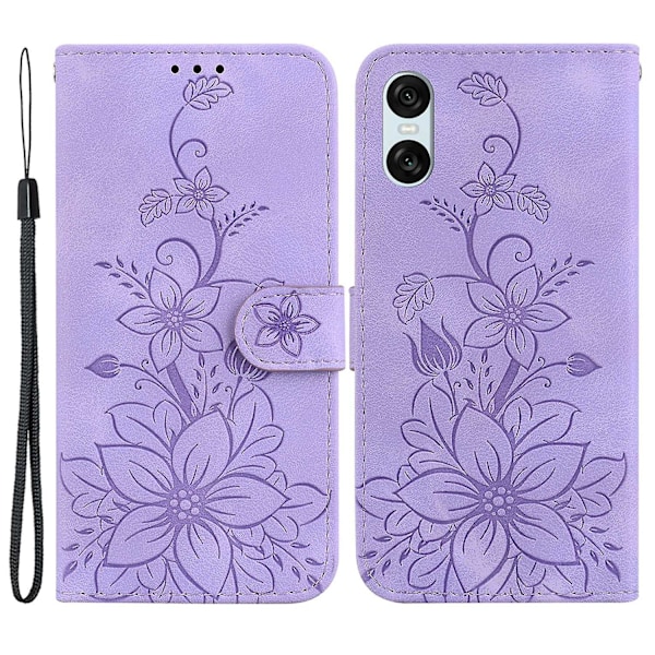 Til Sony Xperia 5 VI Etui med Håndrem PU Læder Blomster Telefon Cover - Lilla