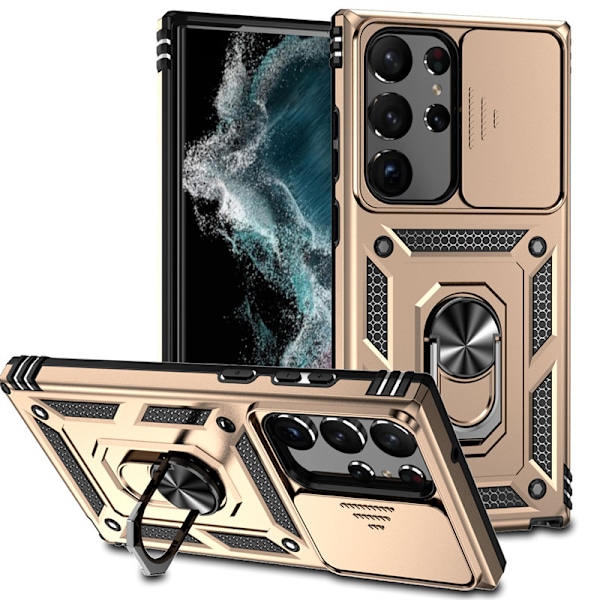 Tillämplig på SM S24Ultra Ring Push Window Mobiltelefonfodral Två-i-ett Fäste Anti-fall Skyddande Skal Gold