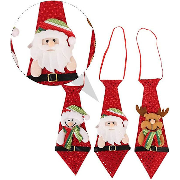 Juleknyttebånd med paljetter, forhåndsbundet elastisk slips, dukkefigur, barneslips til julefestkostyme (rød) (3 stk)