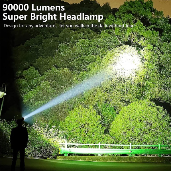 Led uppladdningsbara strålkastare för vuxna, 90 000 lumen superljus pannlampa ficklampa 90 justerbar 4 lägen Ipx5 vattentät USB uppladdningsbar pannlampa Fo