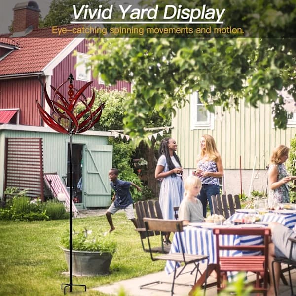 Havevindmølle, stor metallisk rød dynamisk skulptur