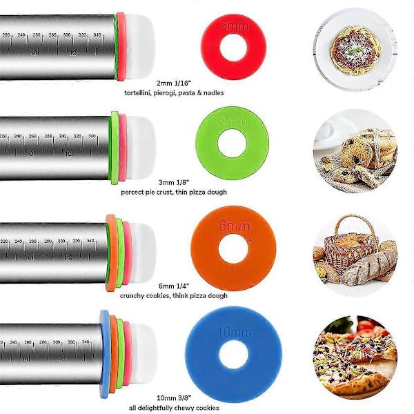 17\" Justerbar Kjevle med 4 Sett Tykkelsesringer, Rustfritt Stål Deigrull for Pizza, Paier, Kjeks, Cookies, Dumplings, Pasta
