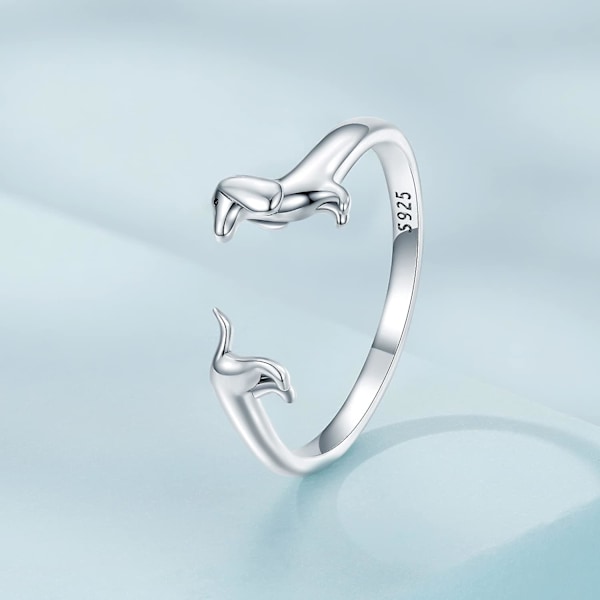 925 Sterling Silver Söt Tax Öppen Ring Valp Hund Justerbar Ringar för Kvinnor Djur Stacking Ringar Statement Ringar