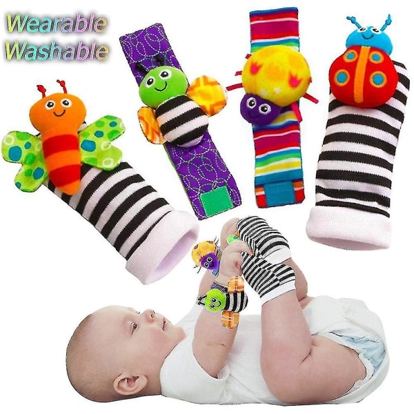 4-pack spädbarns- och baby härliga strumpor och handledsrem Leksak Tecknad djurformade handledsskaller