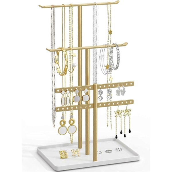 Smyckesställ Organizer, 12.5'' Hög Stabilt Metallställ, 3-Vånings Smyckeshängare, Guld Smyckesträd med Vit Bricka