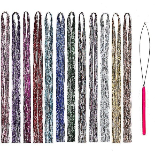 Hiusvärien säikeet työkalulla 47 tuumaa 12 väriä säikeet Fairy Hair Tinsel Kit Hiuspidennykset Sparkling Glitter Kiiltävä Silkkihousu (12 väriä)