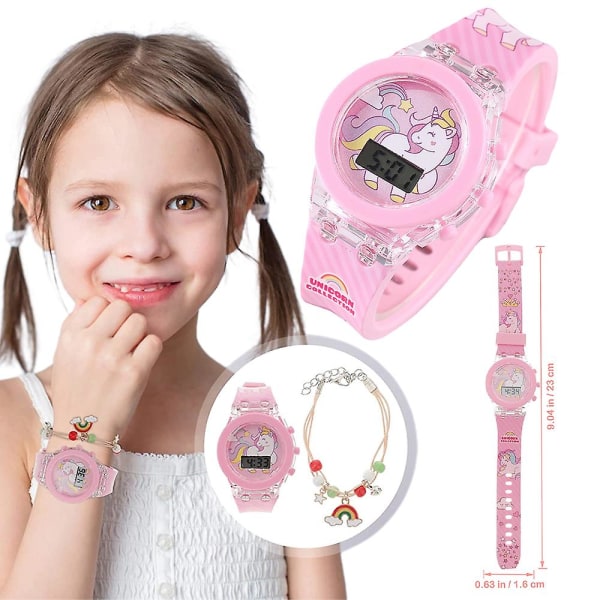 Unicorn Kids Girls Glowing Watch And Rainbow Bracelet Set Kids Digital Wrist Watch Birthday Gift