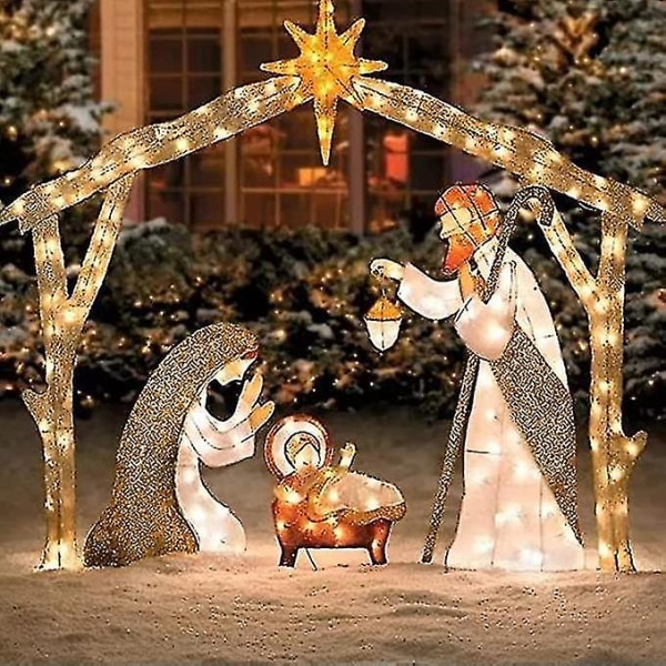 Upplyst julkrubba utomhus, julens heliga familjegårdsdekoration, julkrubba set för jul utomhus, påskdekorationer upplysta