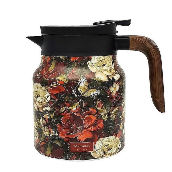 Vintage tekande med blomstermønster, indbygget filter, termokande i rustfrit stål 1000 ml E