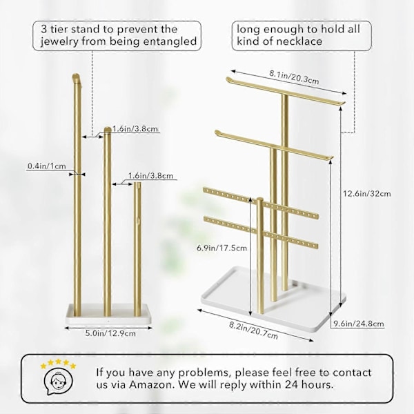 Smyckesställ Organizer, 12.5'' Hög Stabilt Metallställ, 3-Vånings Smyckeshängare, Guld Smyckesträd med Vit Bricka