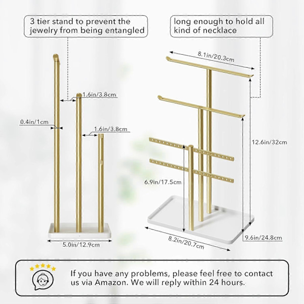 Smykkeholder Organizer, 12.5'' Høj Robust Metal Stativ, 3-lags Smykkeholder, Guld Smykketræ med Hvid Bakke