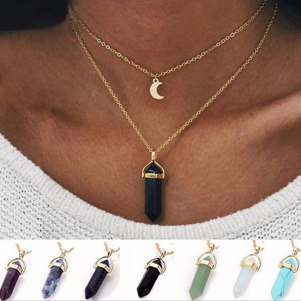 Guldkedja Hexagonal Kristall Halsband Måne Hänge Skiktad Choker Halsband-mxbc