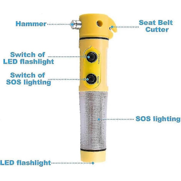 Monitoiminen Auton Vasara Auton Hätäikkunanrikkoja Ja Turvavyön Leikkuri Auton Pako Työkalu Taskulampulla Ja Beacow-Valolla
