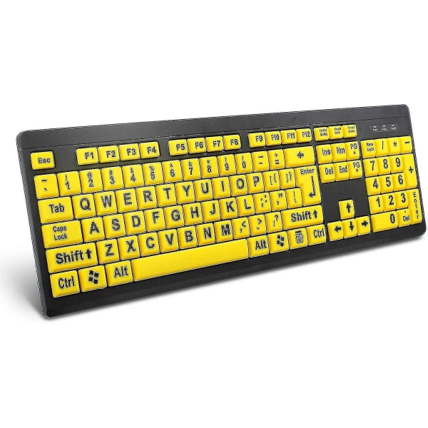 Computertastatur med stort tryk, kabelforbundet USB-tastatur med høj kontrast med overdimensionerede trykte bogstaver til synshandicappede personer med nedsat syn (gul+sort)
