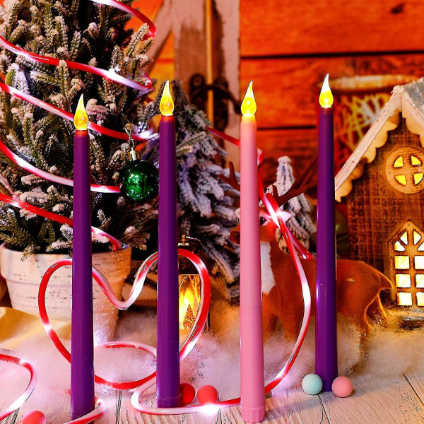 Wabjtam 4 stykker Led Flammefri Adventslys Sæt Lilla Og Pink Advent Taper Lys Til Jul Advent Ritualer, Kasteklokker, Besværgelser