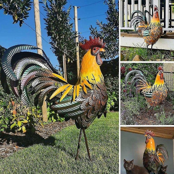 Kukkopuutarha-koristepatsas, seisova metallinen kukko eläinhahmo, 2d värikäs kana