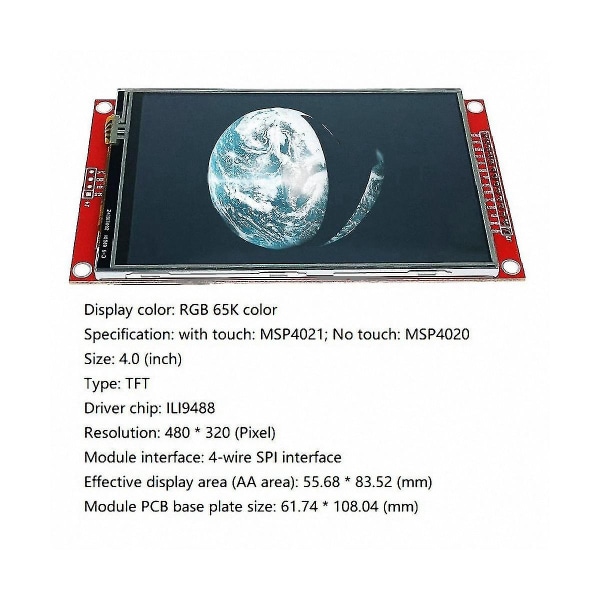 4,0 tommer Ili9488 Spi seriel port LCD-touchskærmsmodul Rgb 65k farve 480x320 Tft-skærmmodul (