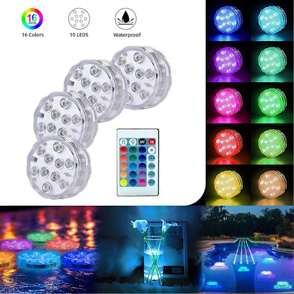 4 stk. Pool Dykke Lys med Fjernbetjening 10 LED Farverige Lysbelysning Under Vand Neddykkelig Akvarium Pool Dekoration