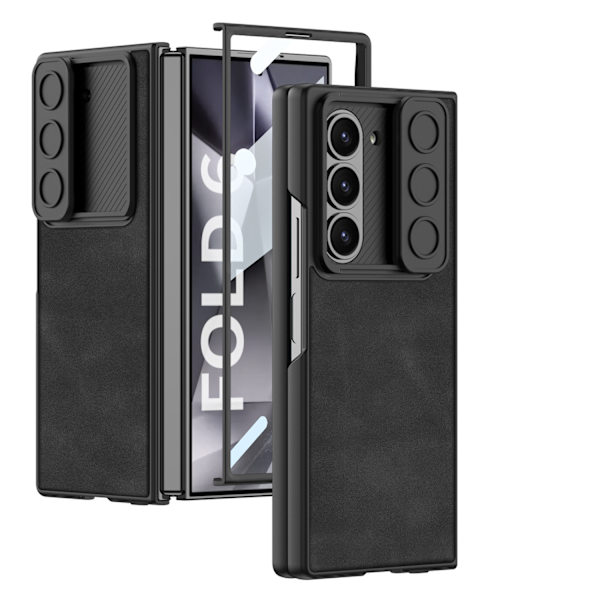 Fodral för vikbar mobiltelefon SM Galaxy ZFold6, med tryckknappsfönster, frostad läderskal, stöttåligt Matte Black