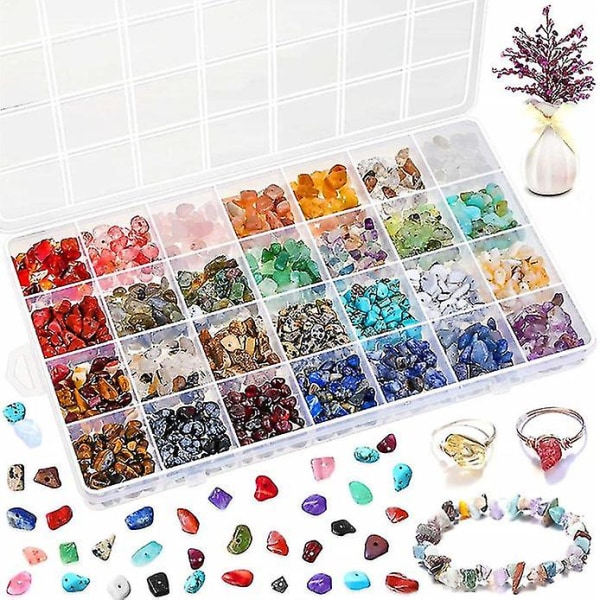 28 Ring Making Kits Naturlige Gem Perler Uregelmæssige Chips Stone Beads Kit hvid S