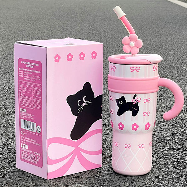 Termosmugg för kattungar, stor kapacitet, jättestor vattenmugg, kallt sugrör, söt dubbeldricksmugg, ismugg för flickor Pink Peach Cat 700ML