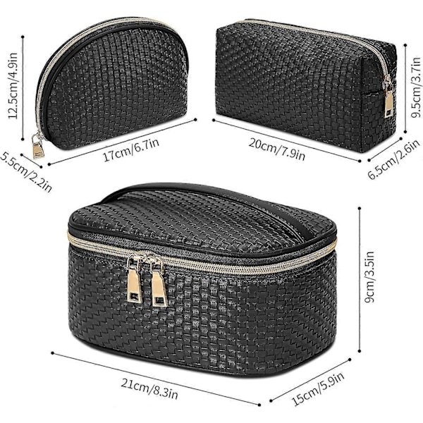 Makeup Taske 3 Stk Vandafvisende Kosmetik Sæt Bærbar Rejse Kosmetik Multifunktionel Organizer Opbevaring Vævet Toilettaske Sort