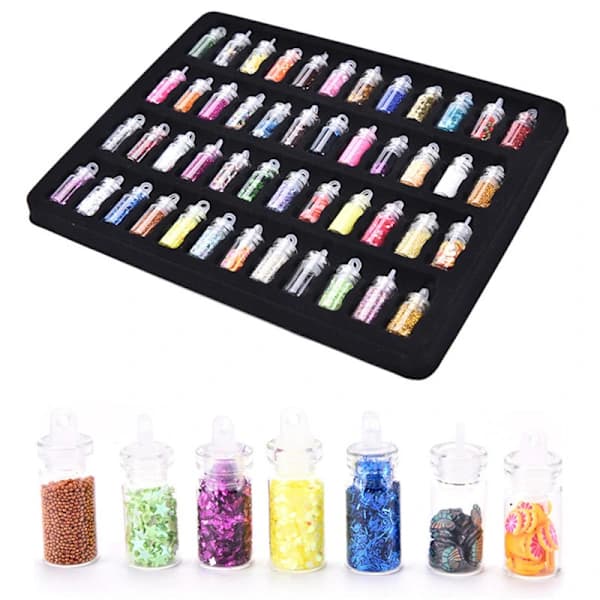 Nye 48-farvede 3D neglekunstdekorationer i mini glasflasker