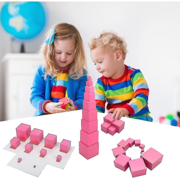 Pink Tower | Lyserøde træstableblokke i træ | Stabling Legetøj Førskolespil Børn Matematik Undervisningsværktøj Børn Board Diy Fødselsdagsgave til børn