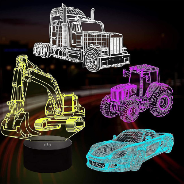 Attoe 3d billampe natlys 3d illusionslampe til børn, bil, lastbil, traktor, gravemaskine, 16 farver skiftende med fjernbetjening, dæmpbar (4 mønstre) Børneværelse D Grön L