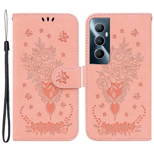 For Realme C65 4G Telefon Etuier Engros Blomst Aftryk PU Læder Flip Pung Cover - Pink