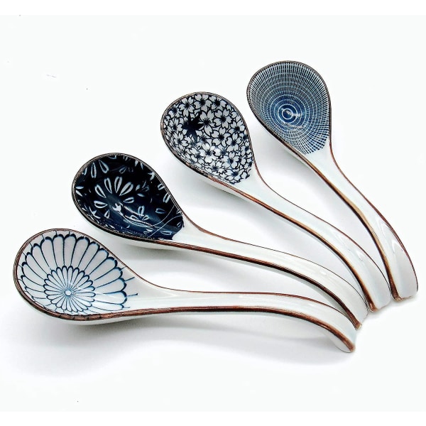 Asian Soup Spoon,6.4inch Japanese Pho Spoon With Long Handle For Miso(blue And White Porcelain,4pcs)