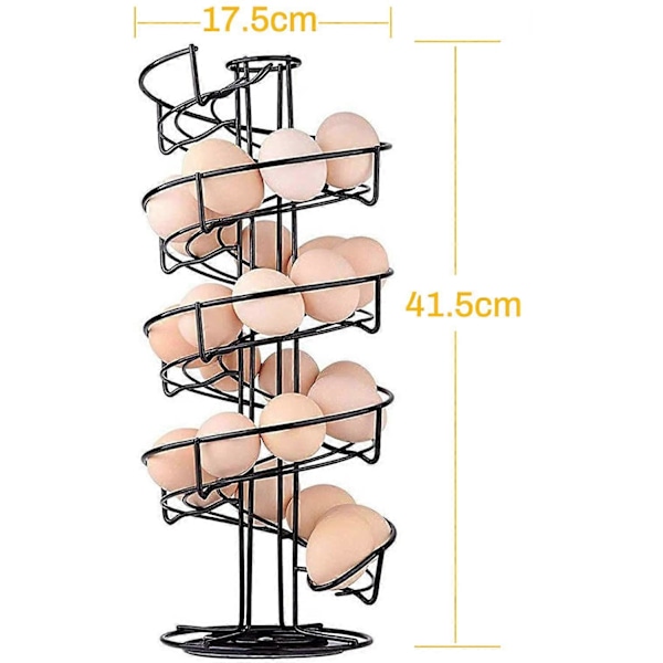 Ægdispenser, ægspiral i rustfrit stål spiraldesign, ægstativ opbevaring til ca. 30 - 36 æg, sort