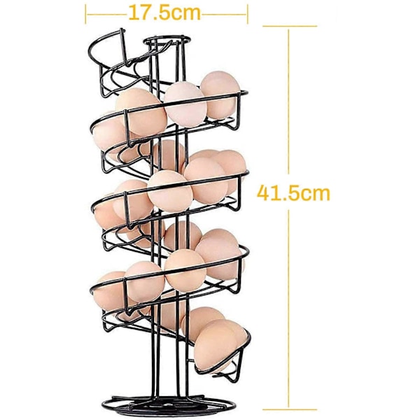 Eggdispenser, eggspiral i rustfritt stål spiraldesign, eggstativ oppbevaring for ca. 30 - 36 egg, svart