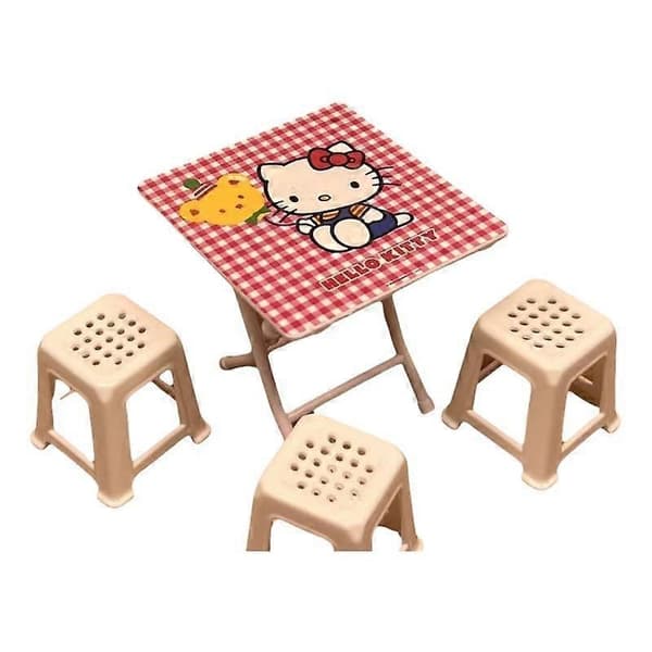 1 set dockskåpsmöbler, tillbehör, Hellokitty-tema, miniatyrbordsmodell med 4 stolar, heminredningsleksaker A