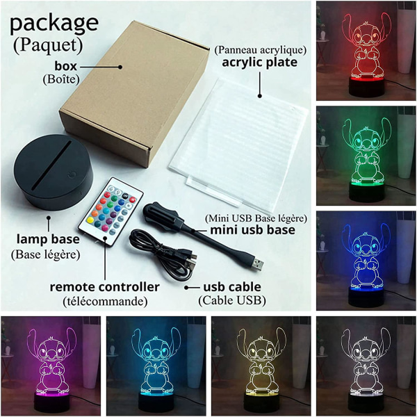 Stitch 3d-lampe - LED-natlys med fjernbetjening (16 farver)