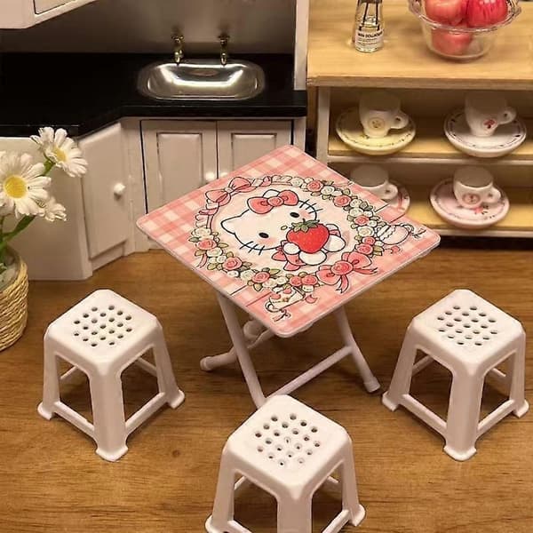 1 sæt dukkehus scene møbler tilbehør Hellokitty tema miniature bordmodel med 4 stole hjem ornament legetøj A
