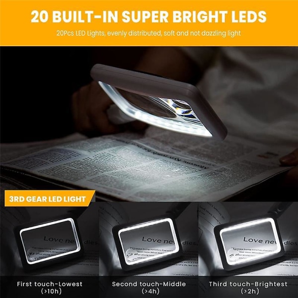 4x oppladbart forstørrelsesglass med lys 20 lysdioder, håndholdt rektangulær side opplyst forstørrelsesglass, 3 lysstyrker