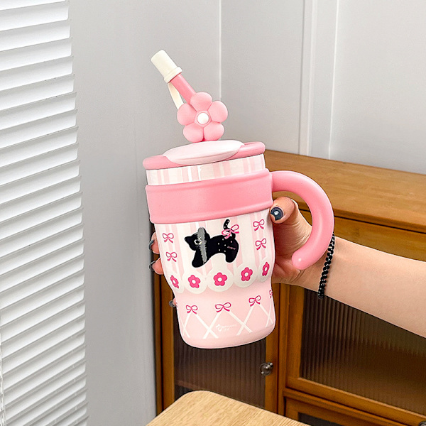 Termosmugg för kattungar, stor kapacitet, jättestor vattenmugg, kallt sugrör, söt dubbeldricksmugg, ismugg för flickor Pink Peach Cat 700ML