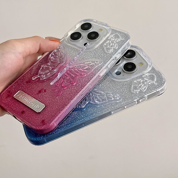 For iPhone 15 Pro deksel fallsikkert gradient TPU telefondeksel med sommerfuglformet støtte - Blå