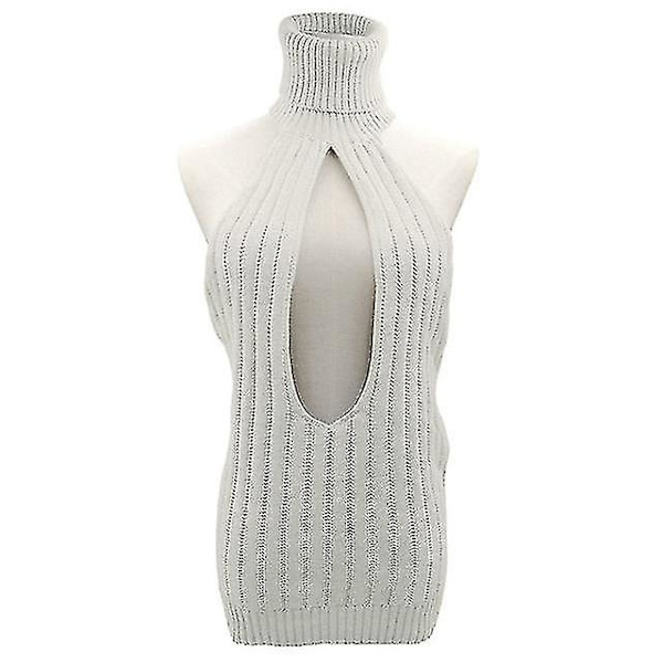 Kvinnors Rygglös Tröja Turtleneck Öppen Bröst Ihålig Stickad Pullover Hösttröjor-mxbc