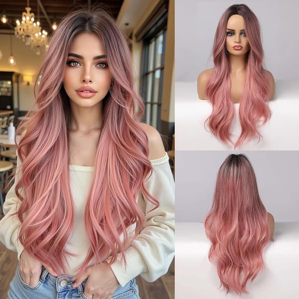 Syntetisk Peruk Gradient Rosa Långt Vågigt Hår
