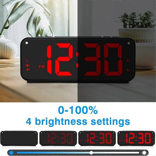 Hög Larmklocka för Tunga Sovmorgnar Vuxna, Dubbel Larmklocka med Sängskakare, för Sovrum, 6,5 Tum Display med Dimmer