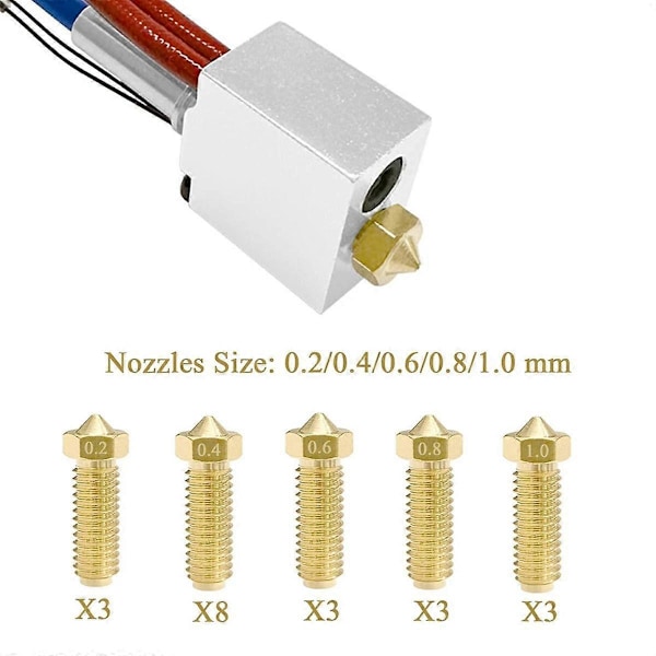 20 stk Barss Dysesett for 2, 3D-skrivere 8 stk 0,4 mm og 3 stk 0,2 mm, 0,6 mm, 0,8 mm, 1,0 mm Dysesett