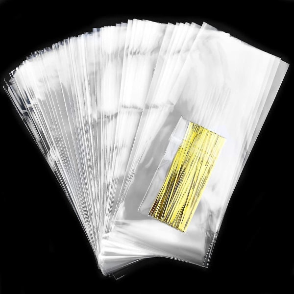 Cellofanpåsar 100 st genomskinliga plastcellofangodispåsar med 100 st metalliska snoddar för presentförpackning Lollipop Godis Efterrättstårta
