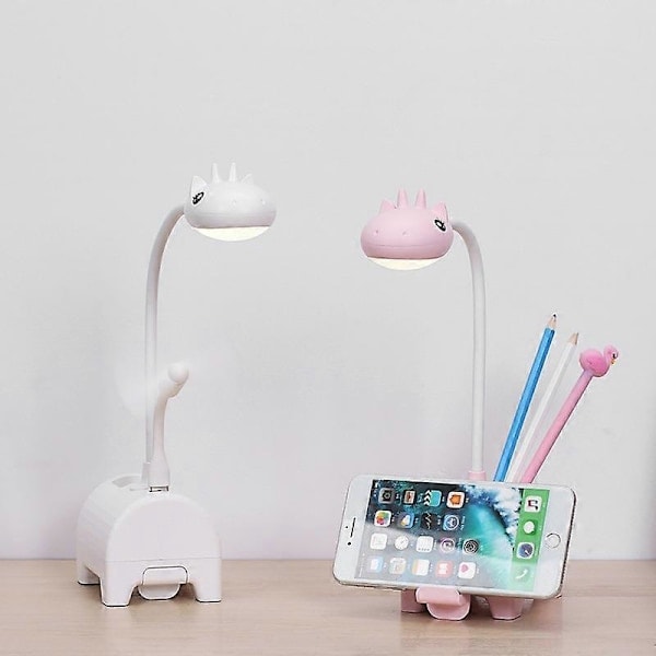Rosa LED Skrivebordslampe for Barn, Trefarget Dimbar Skrivebordslampe, Berøringsbryter/USB-tilkobling/Pennholder, Leselampe for Barnerom, Studier, Arbeid