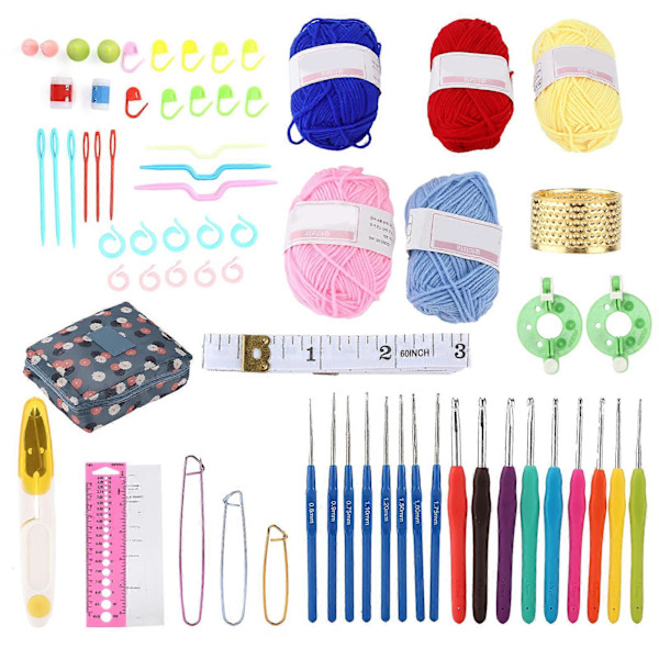 Knitting Kit DIY Blue Chrysanthemum Plastic Crochet Hooks Kit with Woolen Yarn Storage Bag for Beginner Craft YEMAA