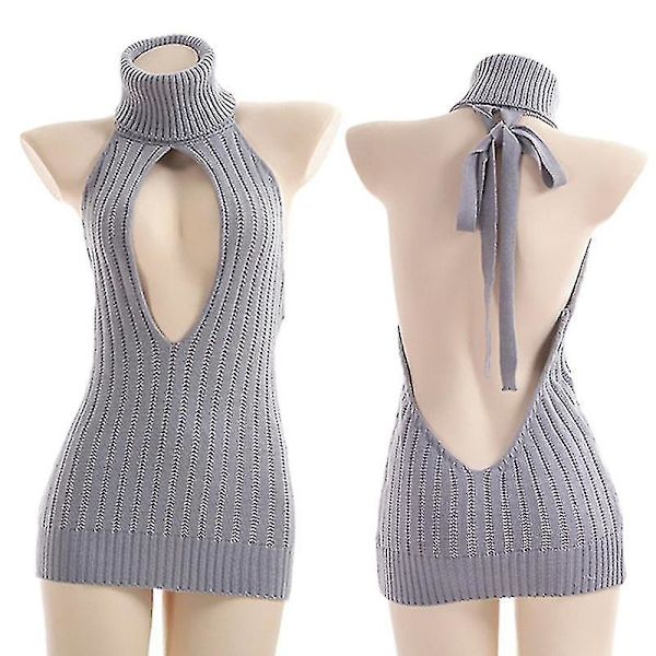 Kvinnors Rygglös Tröja Turtleneck Öppen Bröst Ihålig Stickad Pullover Hösttröjor-mxbc