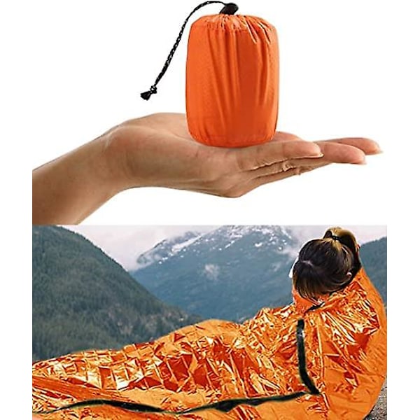 Överlevnads sovsäck, nödkit nödfilt, återanvändbar, lämplig för utomhuscamping, vandring (1 styck - orange)